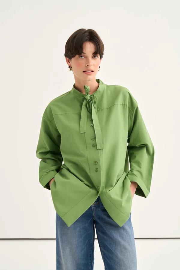 Green Tie Neck Poplin Shirt