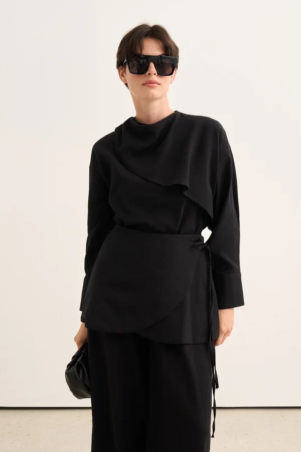 Black Organic Cotton Belted Blouse