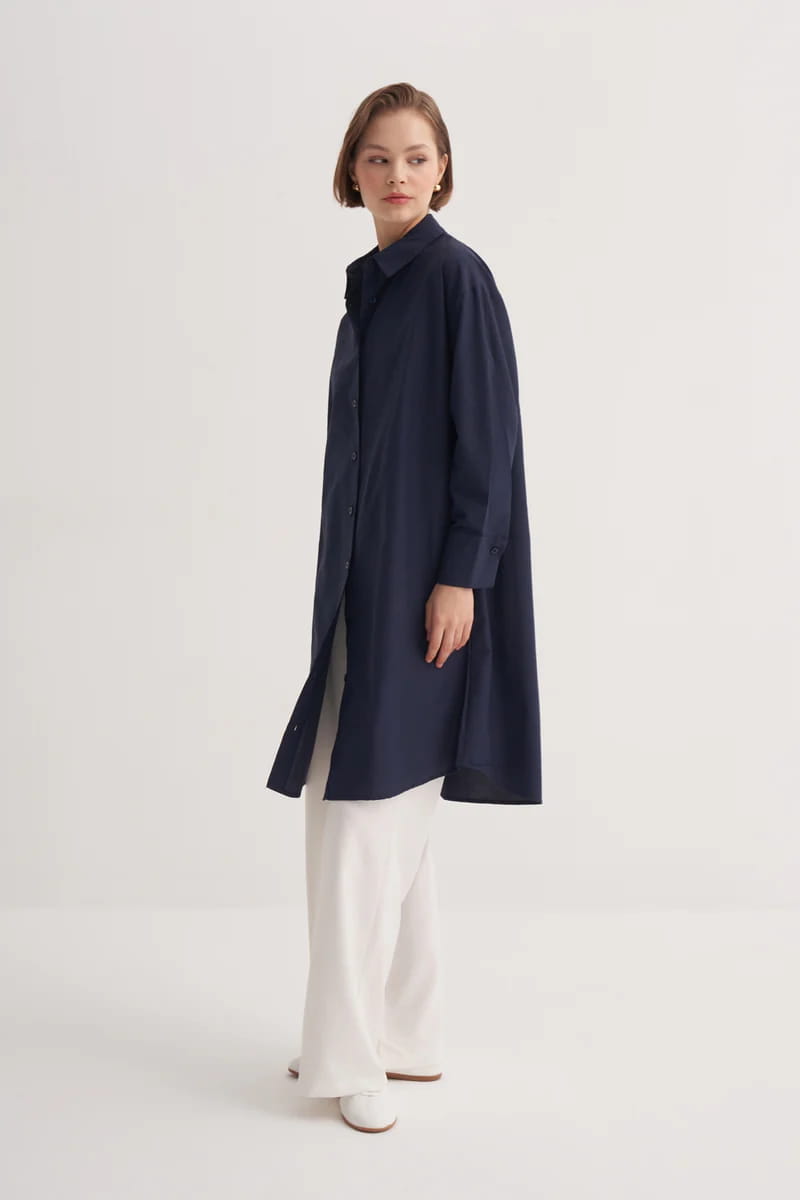 Navy Poplin Long Shirt