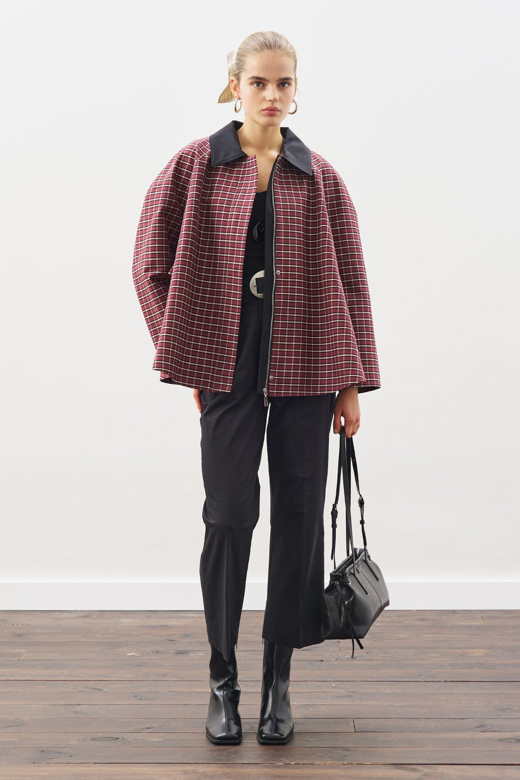 Plaid contrast-collar trench coat