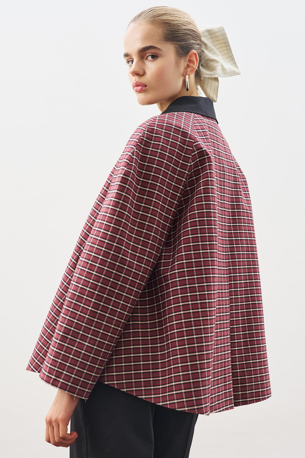 Plaid contrast-collar trench coat