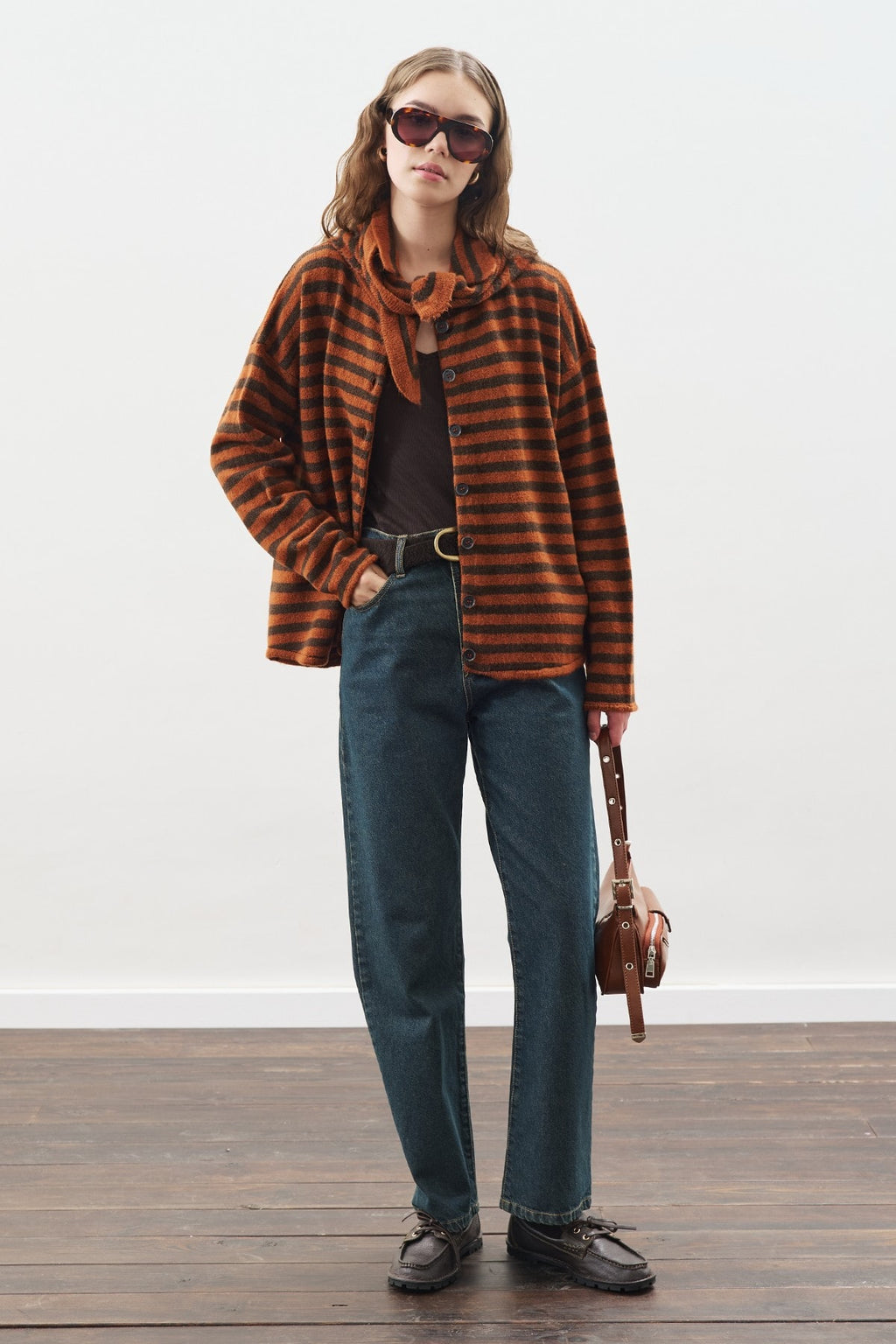 Brown striped cardigan with scarf detail