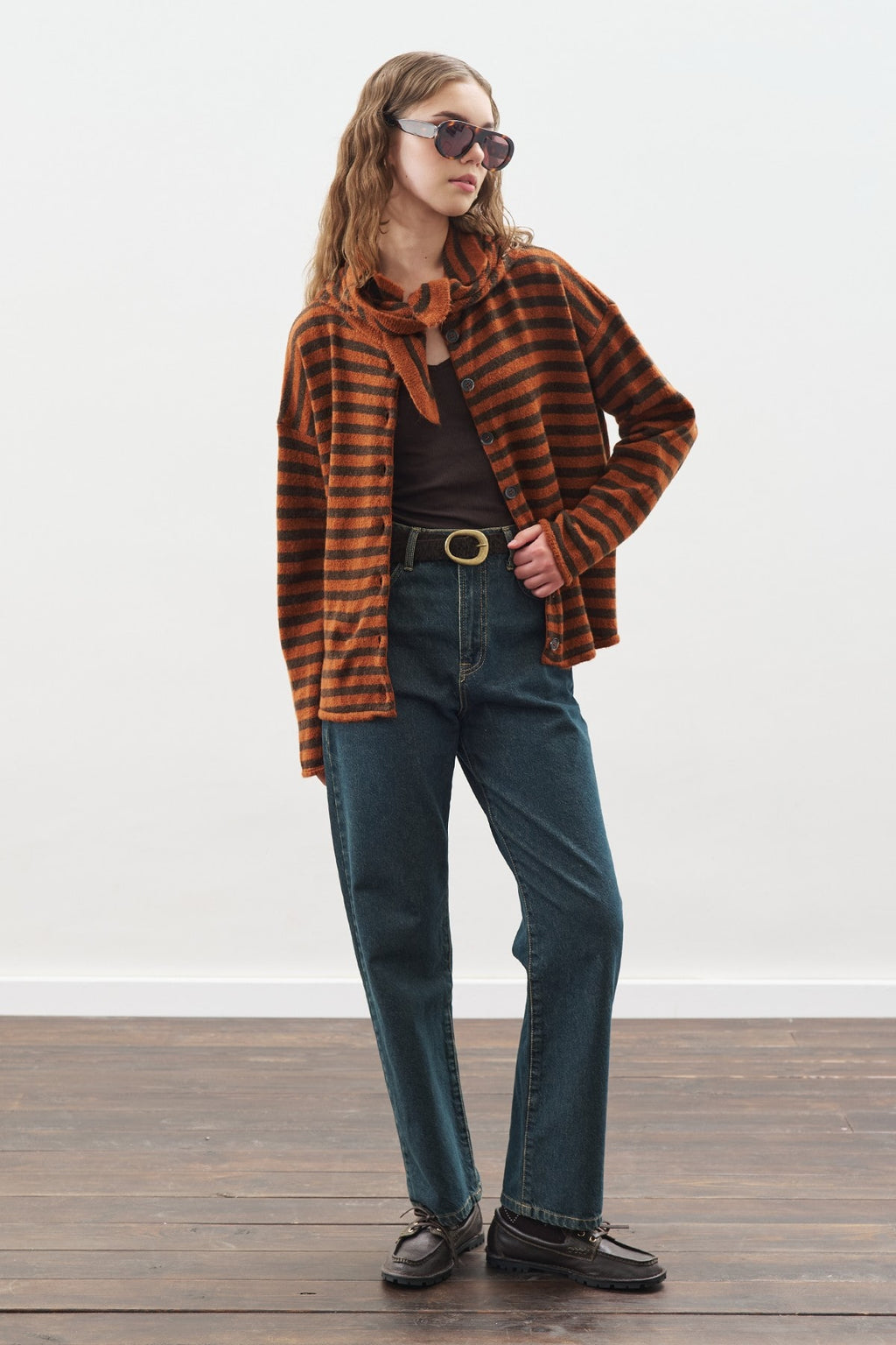 Brown striped cardigan with scarf detail