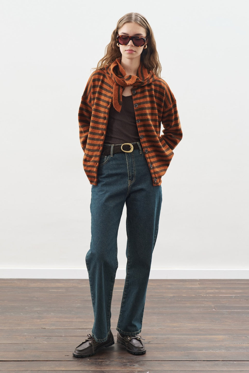 Brown striped cardigan with scarf detail