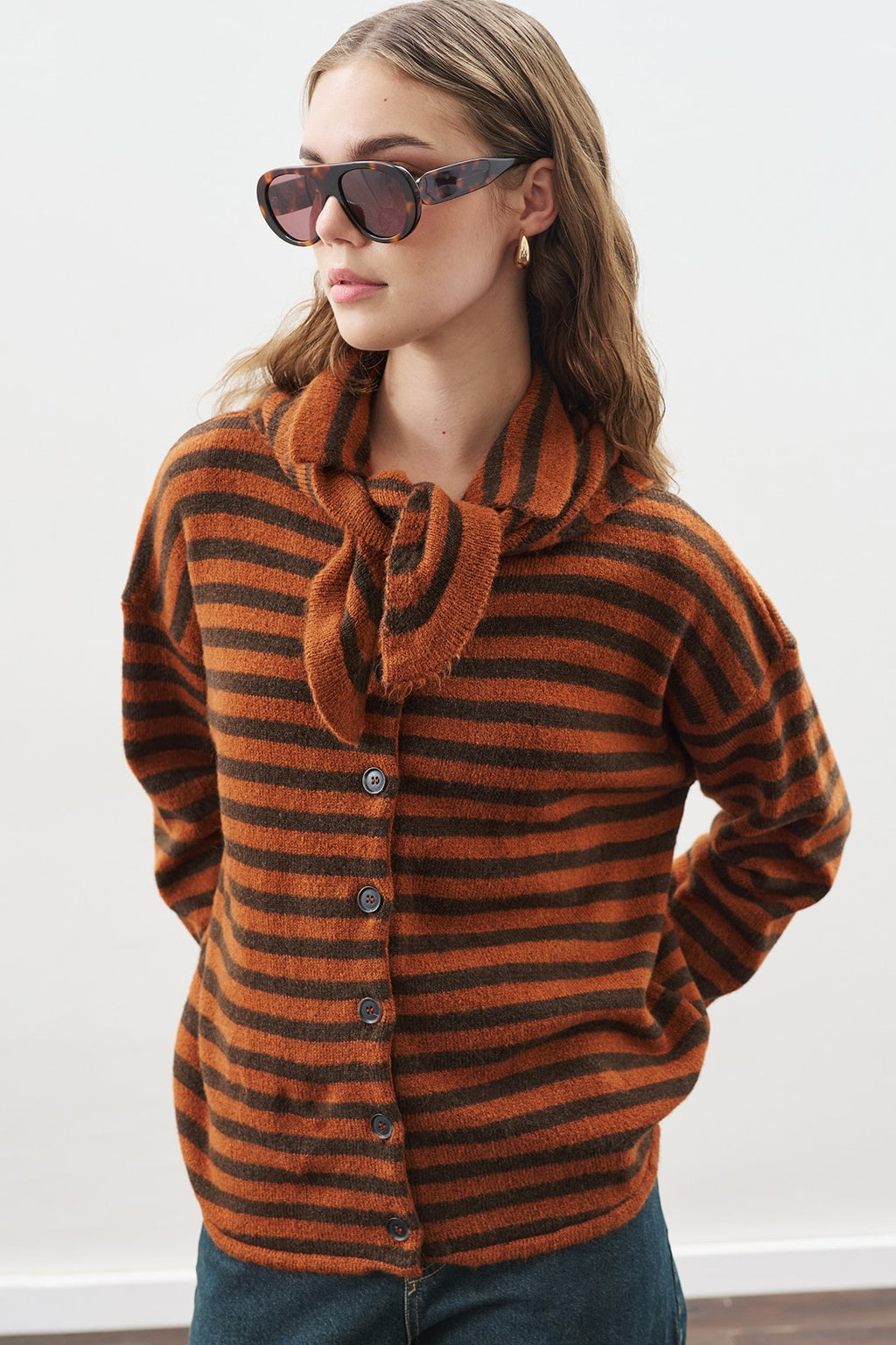 Brown striped cardigan with scarf detail