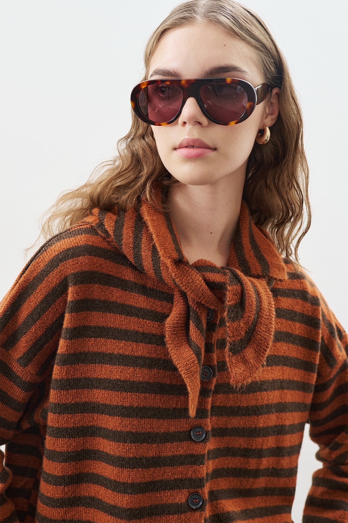 Brown striped cardigan with scarf detail