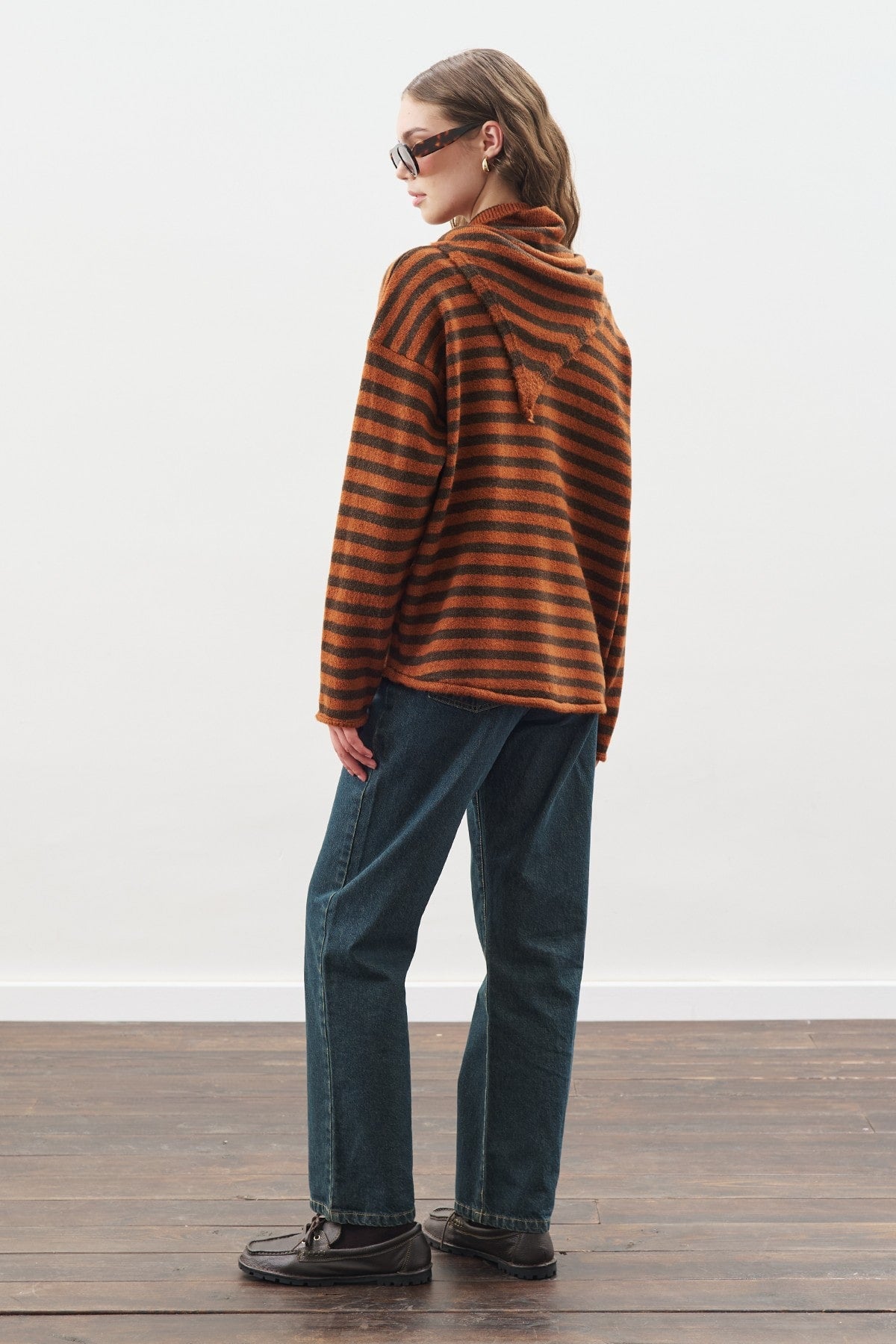 Brown striped cardigan with scarf detail