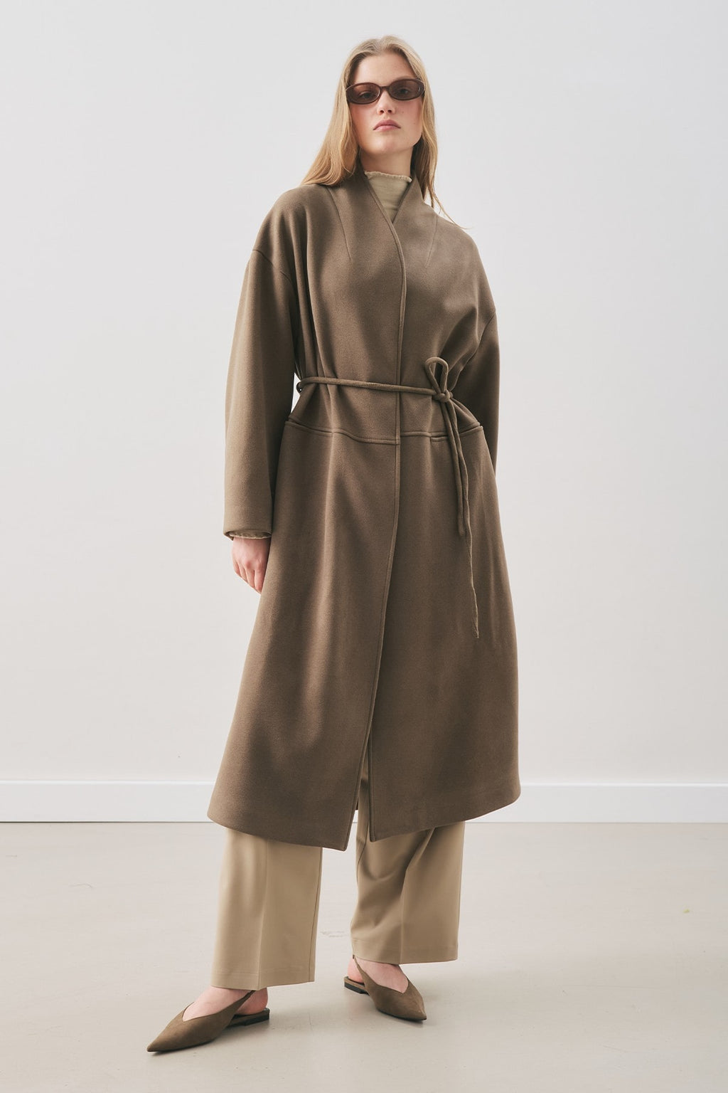 Soft cashmere scarf coat khaki
