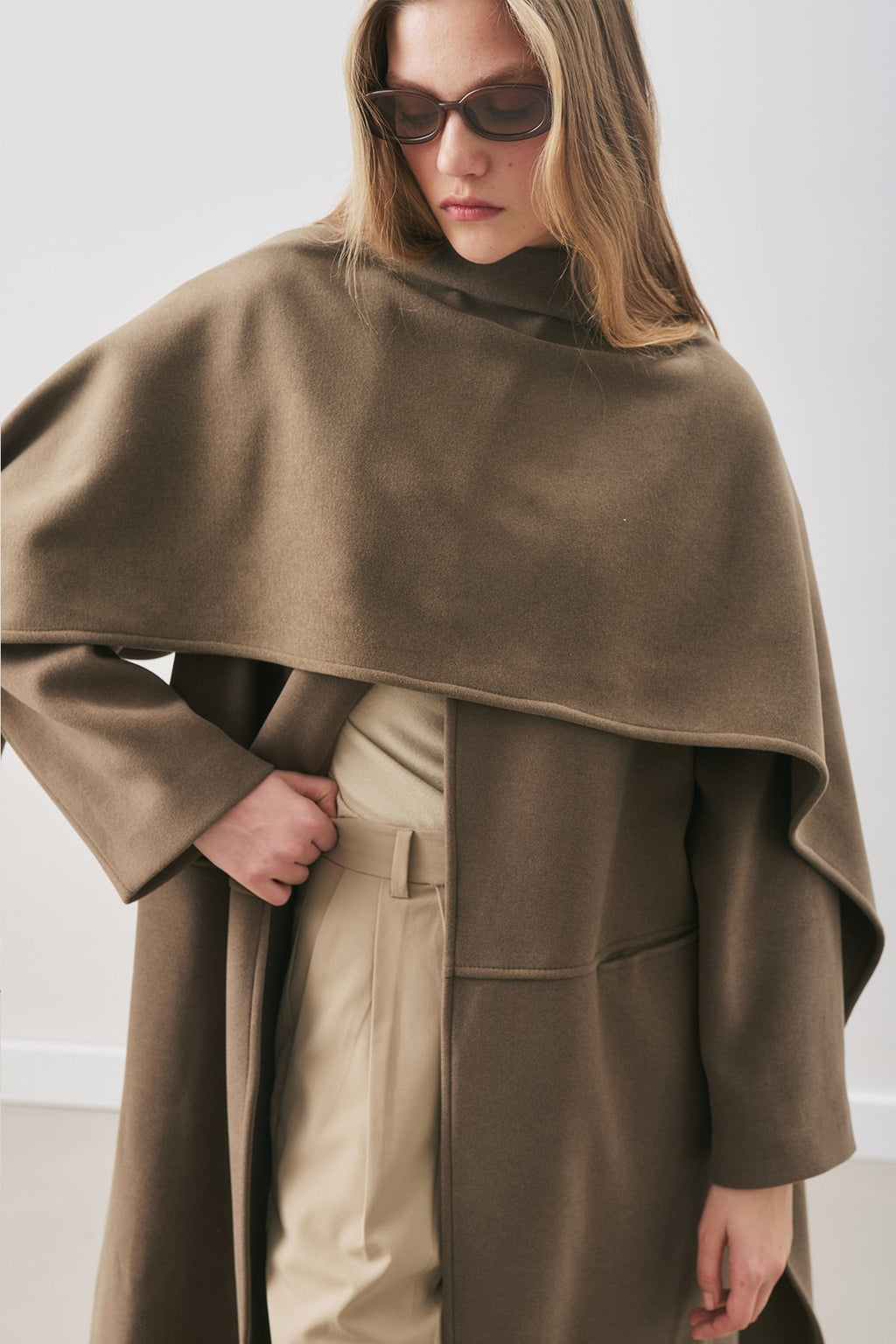 Soft cashmere scarf coat khaki