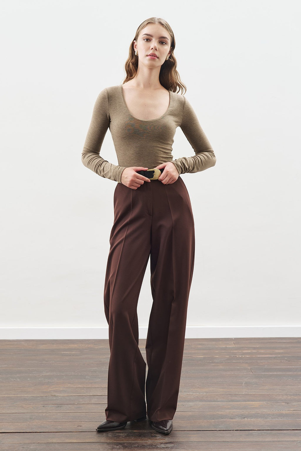Brown long-leg straight trousers