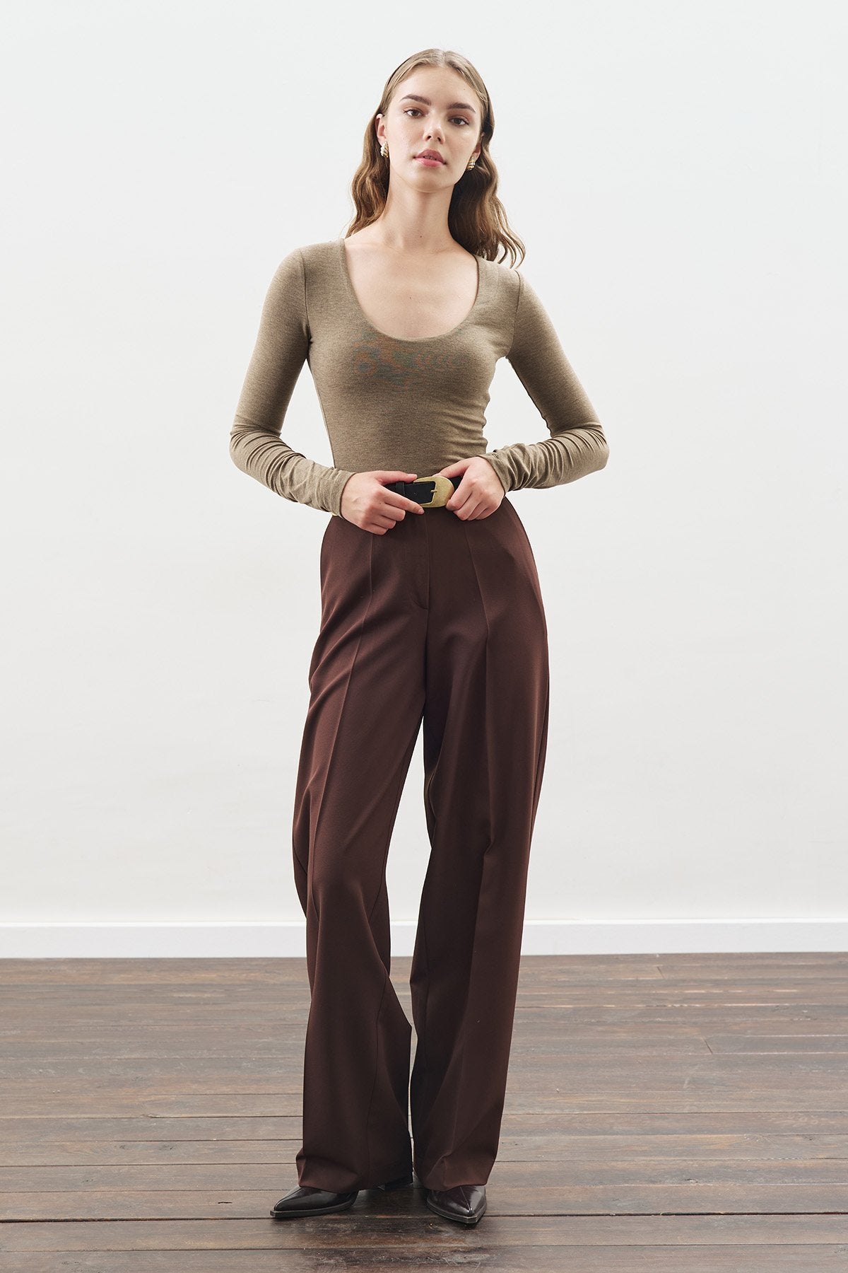 Brown long-leg straight trousers