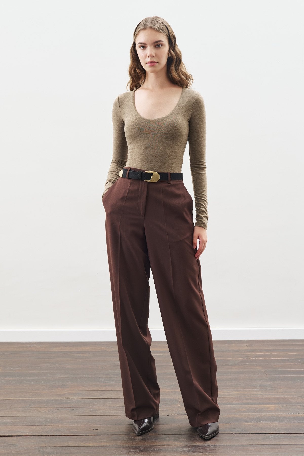 Brown long-leg straight trousers