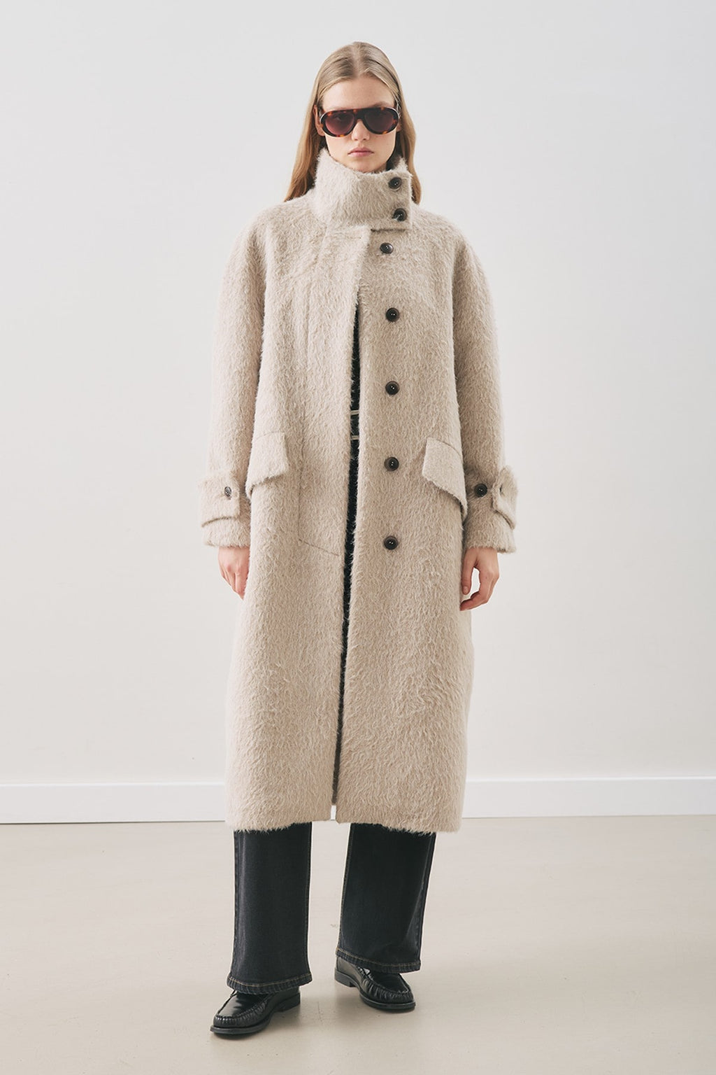 Mink boucle wide collar coat