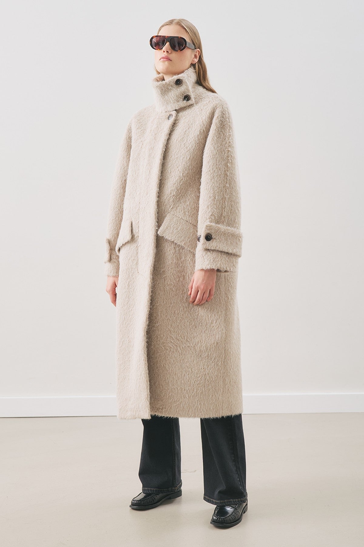 Mink boucle wide collar coat