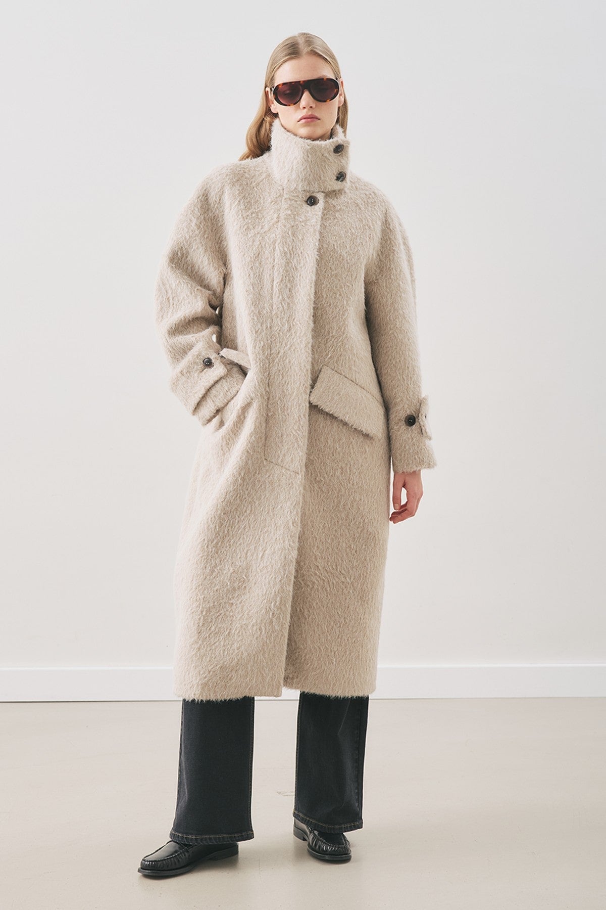 Mink boucle wide collar coat