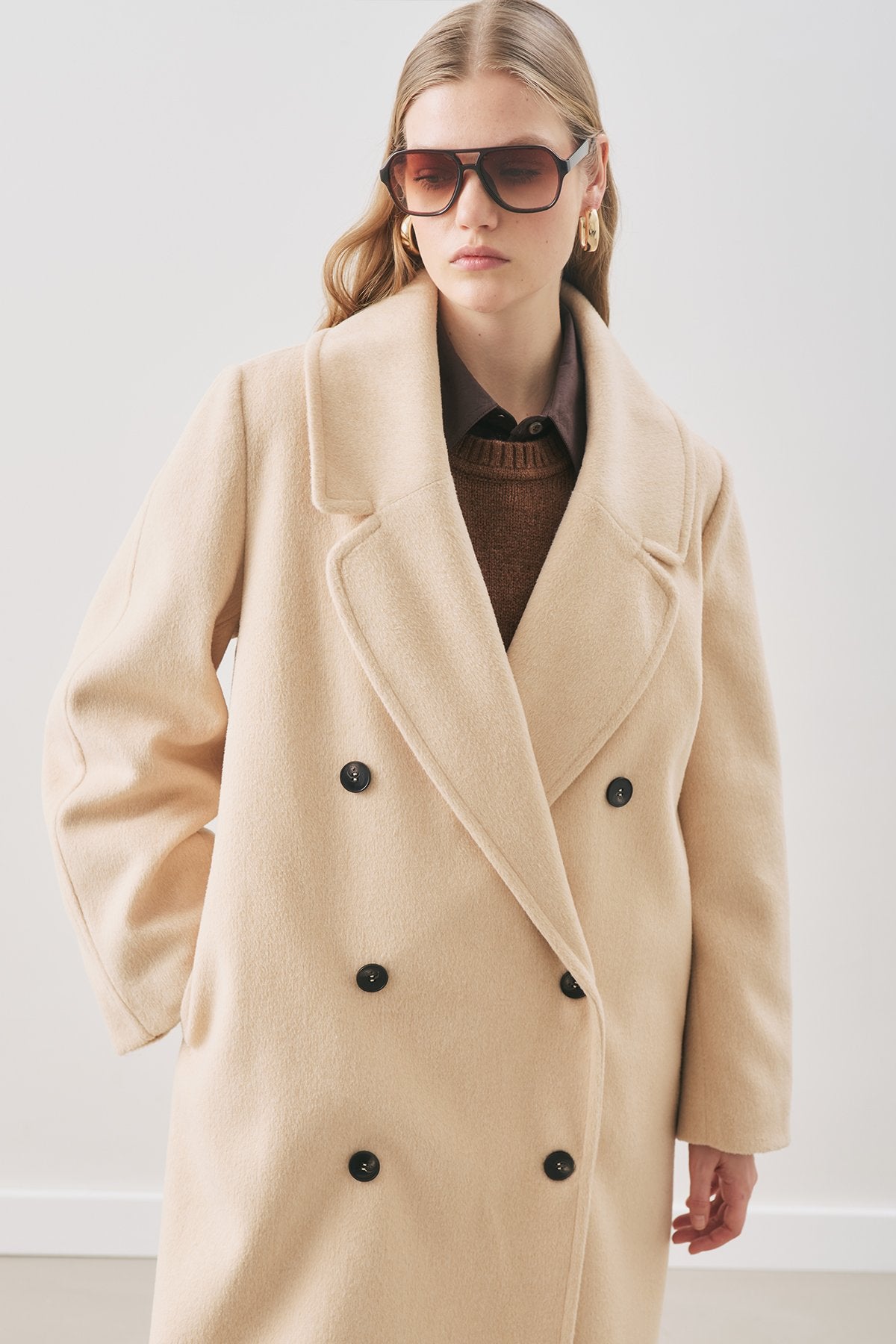 Beige double-breasted wool coat