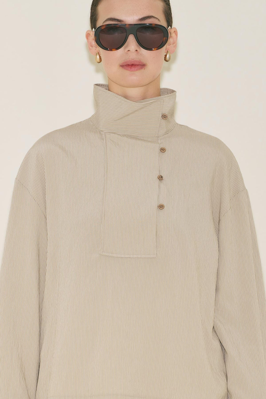 Wide Collar Striped Blouse Beige