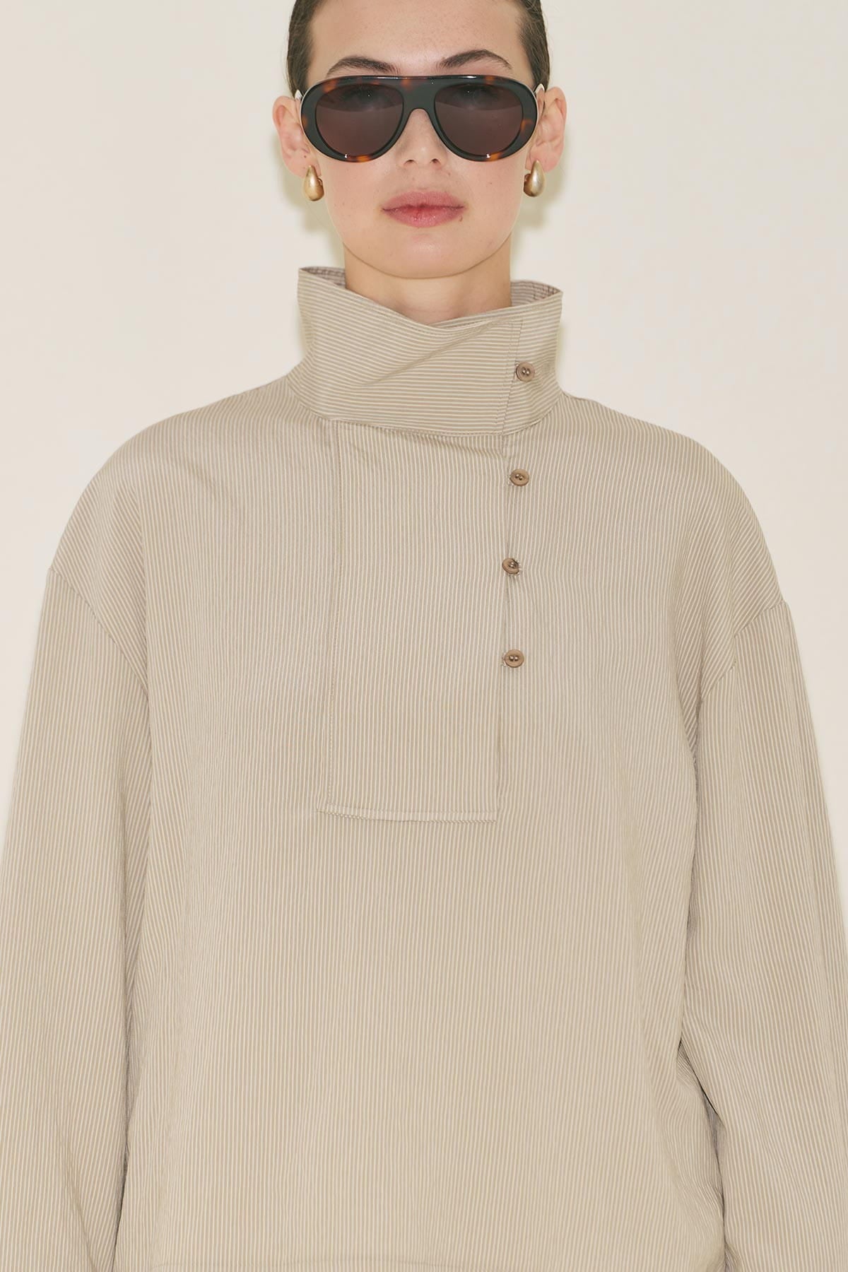 Wide Collar Striped Blouse Beige