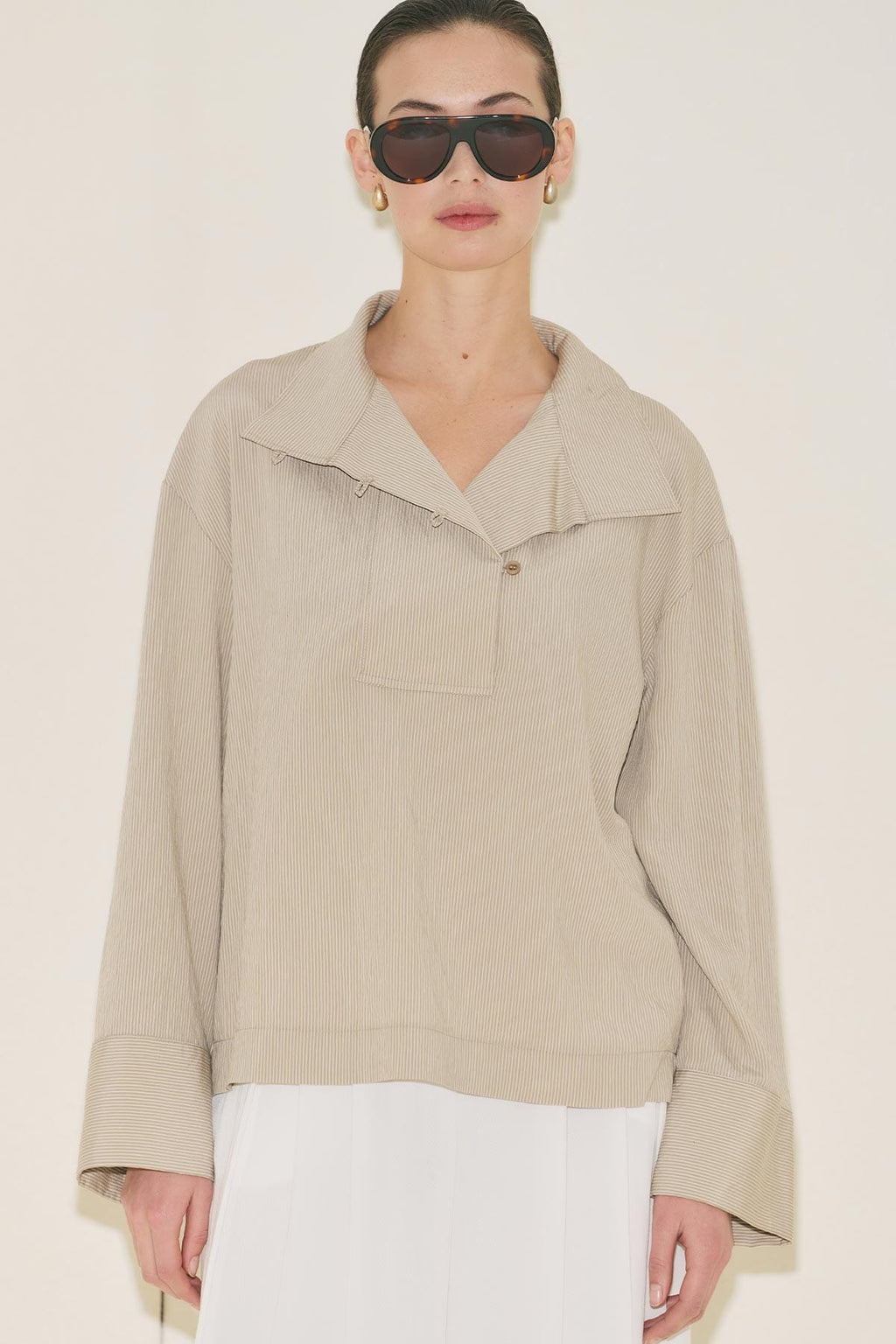 Wide Collar Striped Blouse Beige