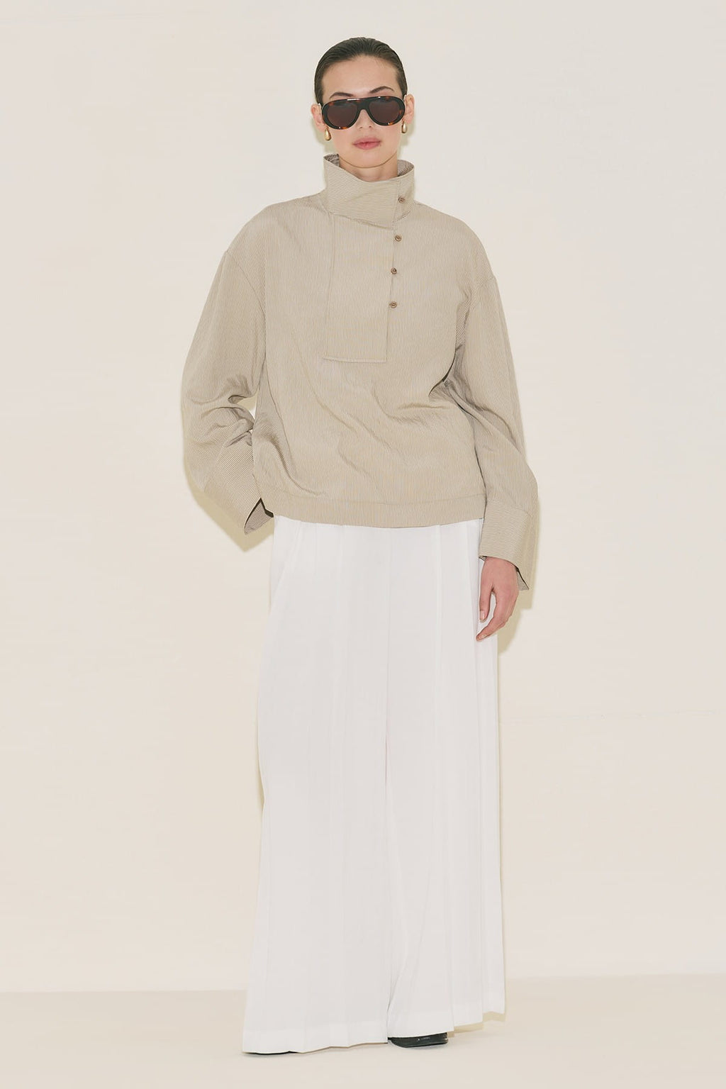 Wide Collar Striped Blouse Beige
