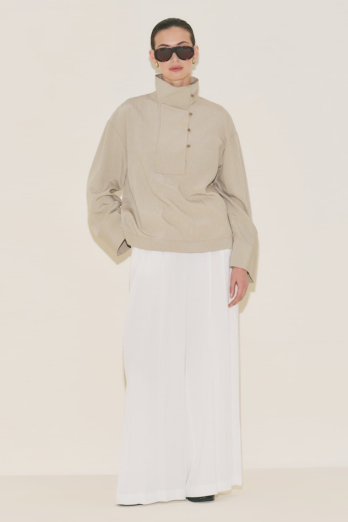 Wide Collar Striped Blouse Beige