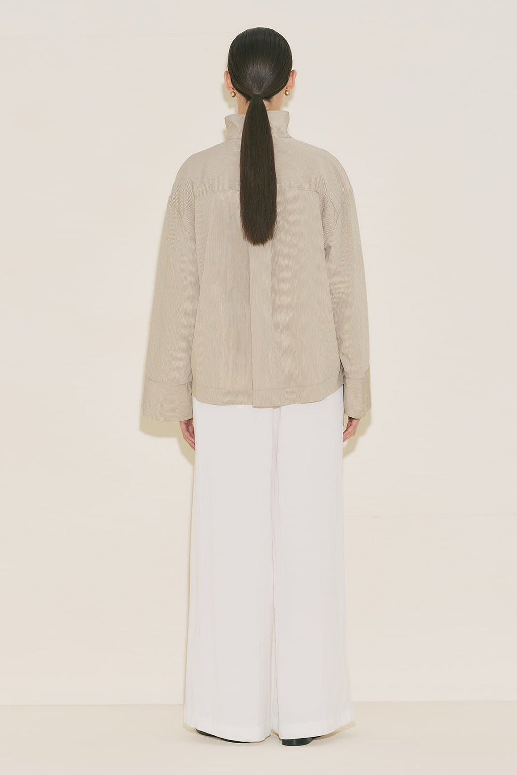 Wide Collar Striped Blouse Beige
