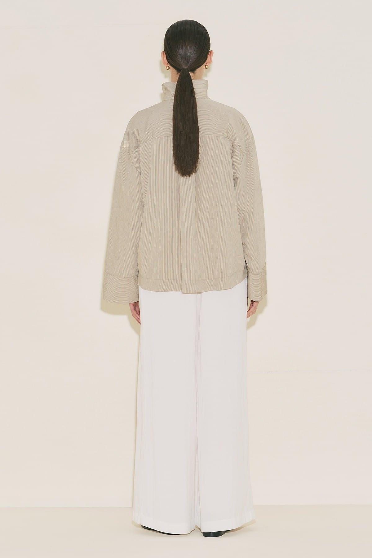 Wide Collar Striped Blouse Beige