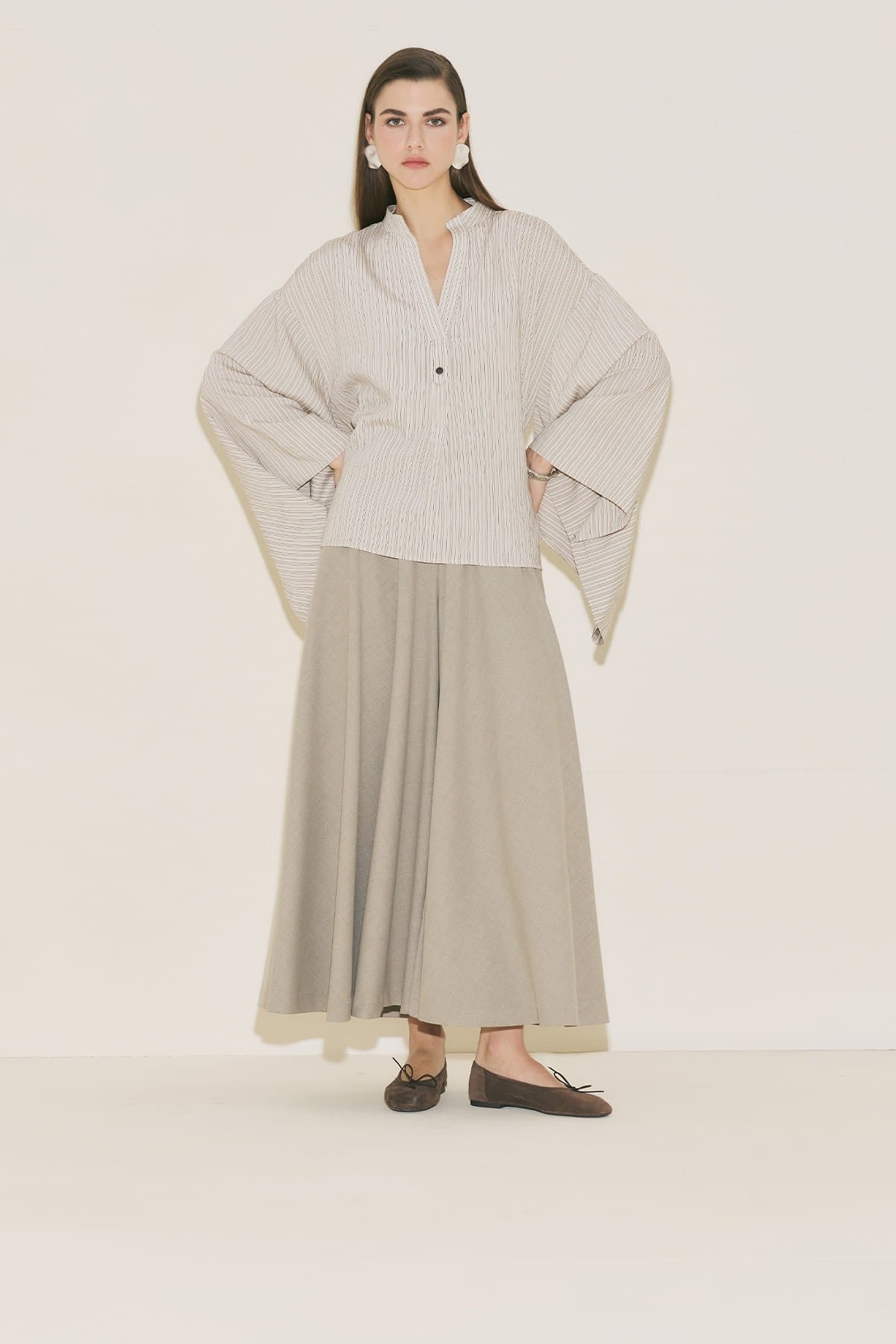 Brown striped kimono sleeve blouse