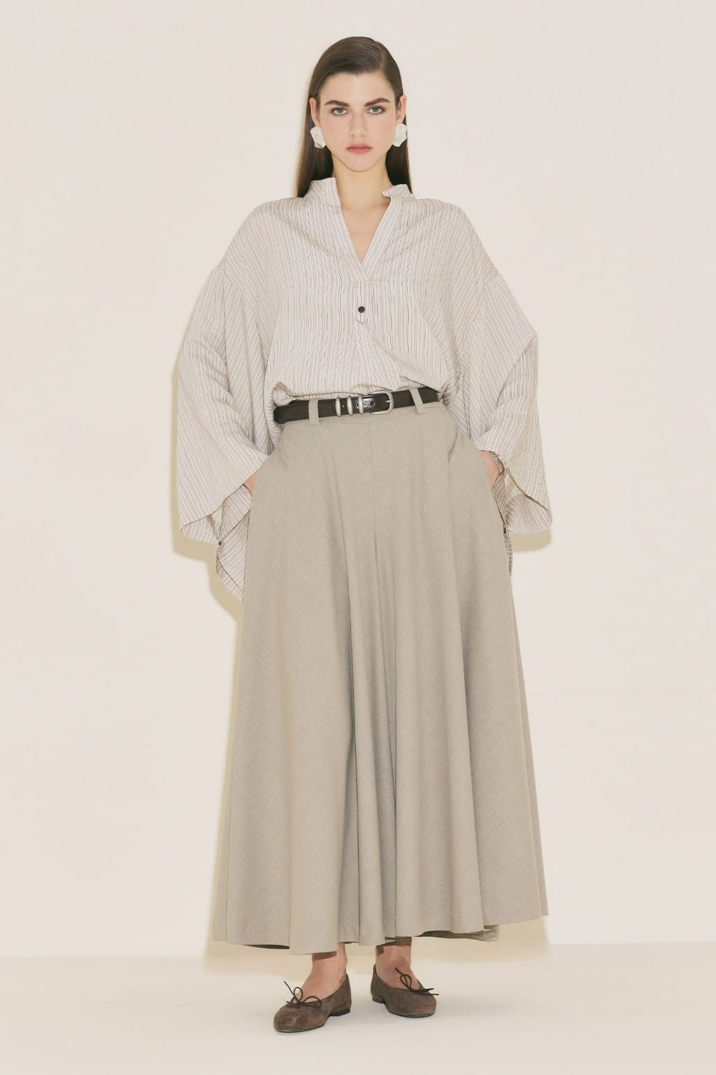 Brown striped kimono sleeve blouse
