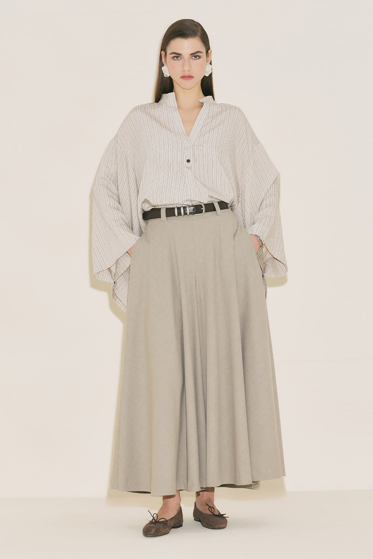 Brown striped kimono sleeve blouse