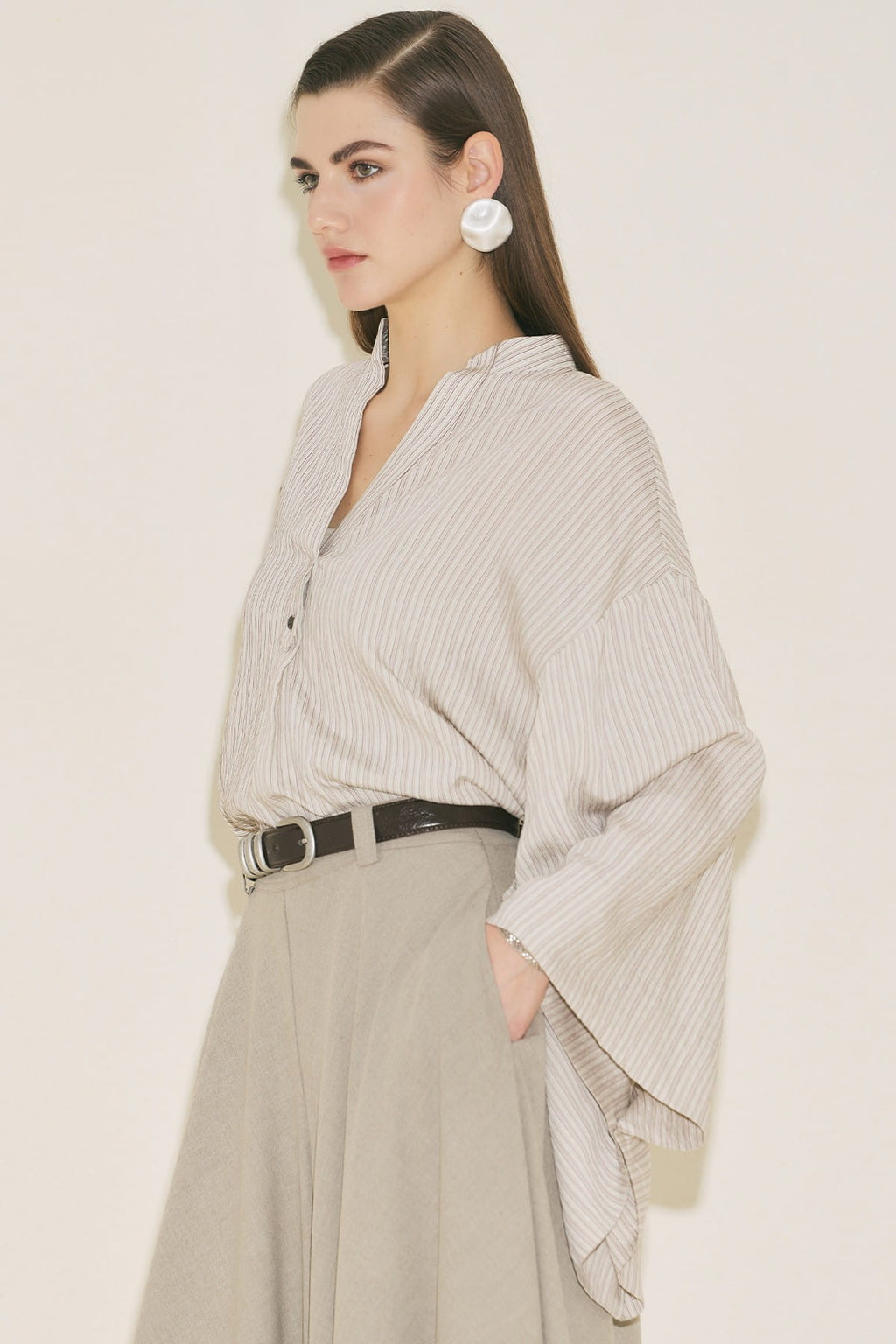 Brown striped kimono sleeve blouse