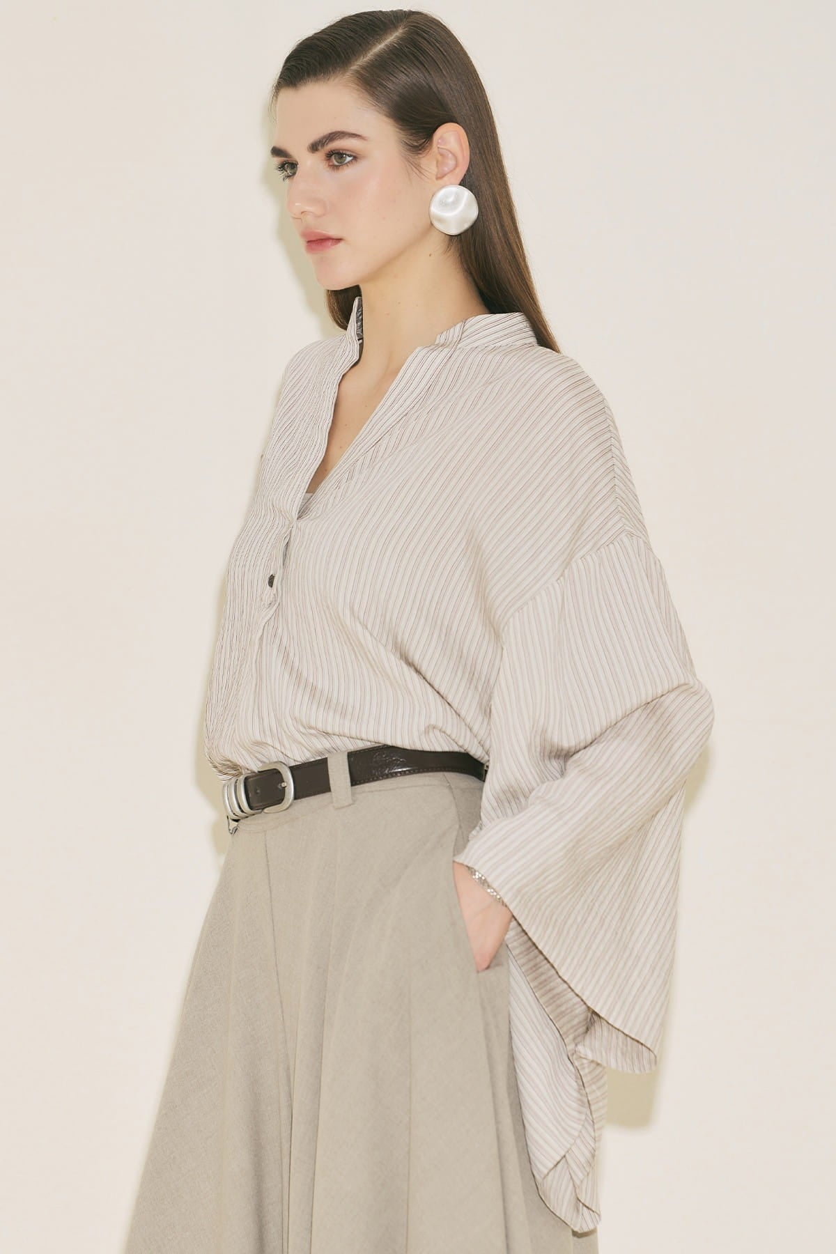 Brown striped kimono sleeve blouse