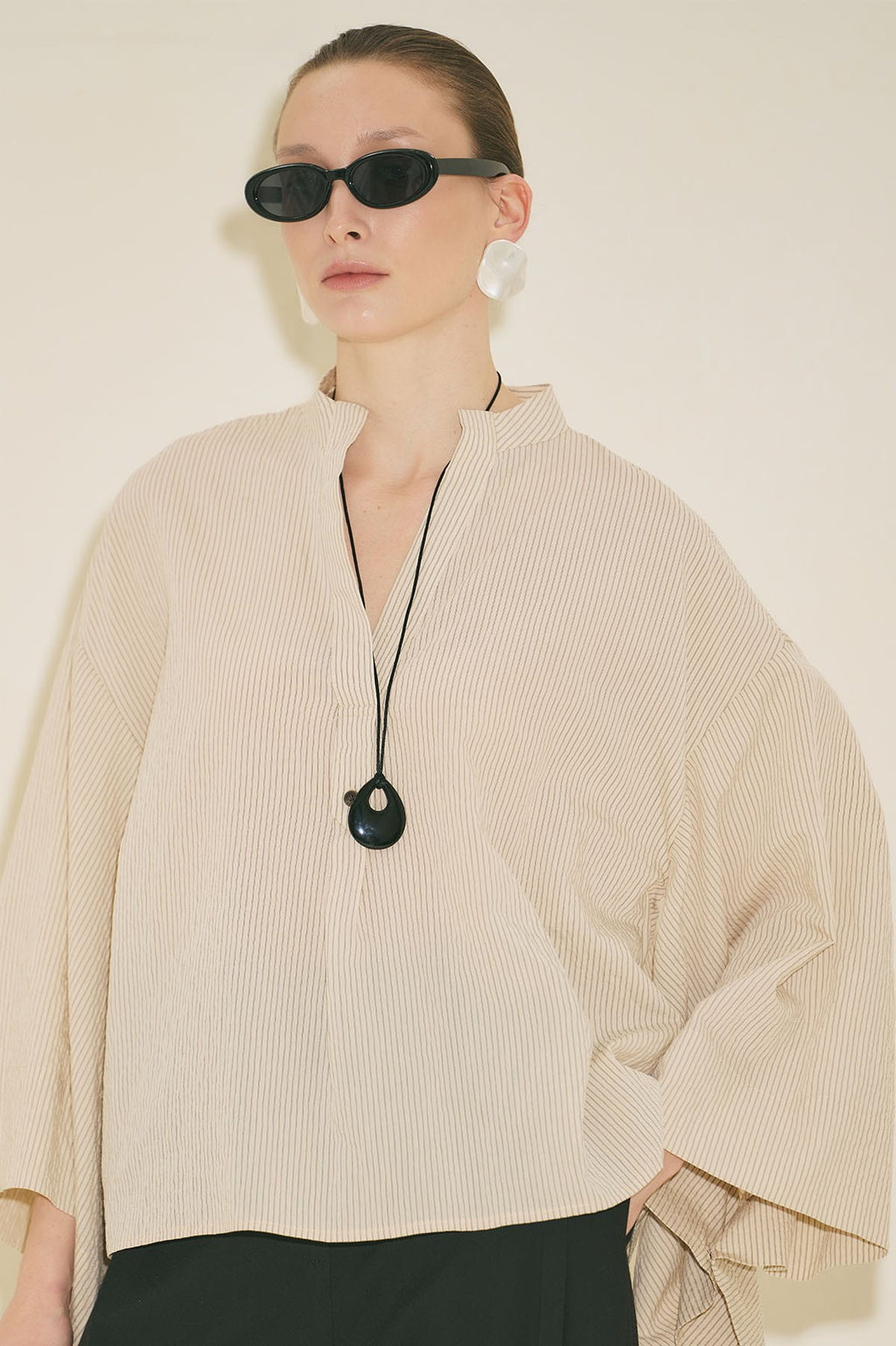 Ecru striped kimono sleeve blouse