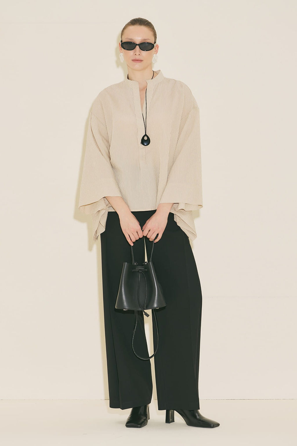 Ecru striped kimono sleeve blouse
