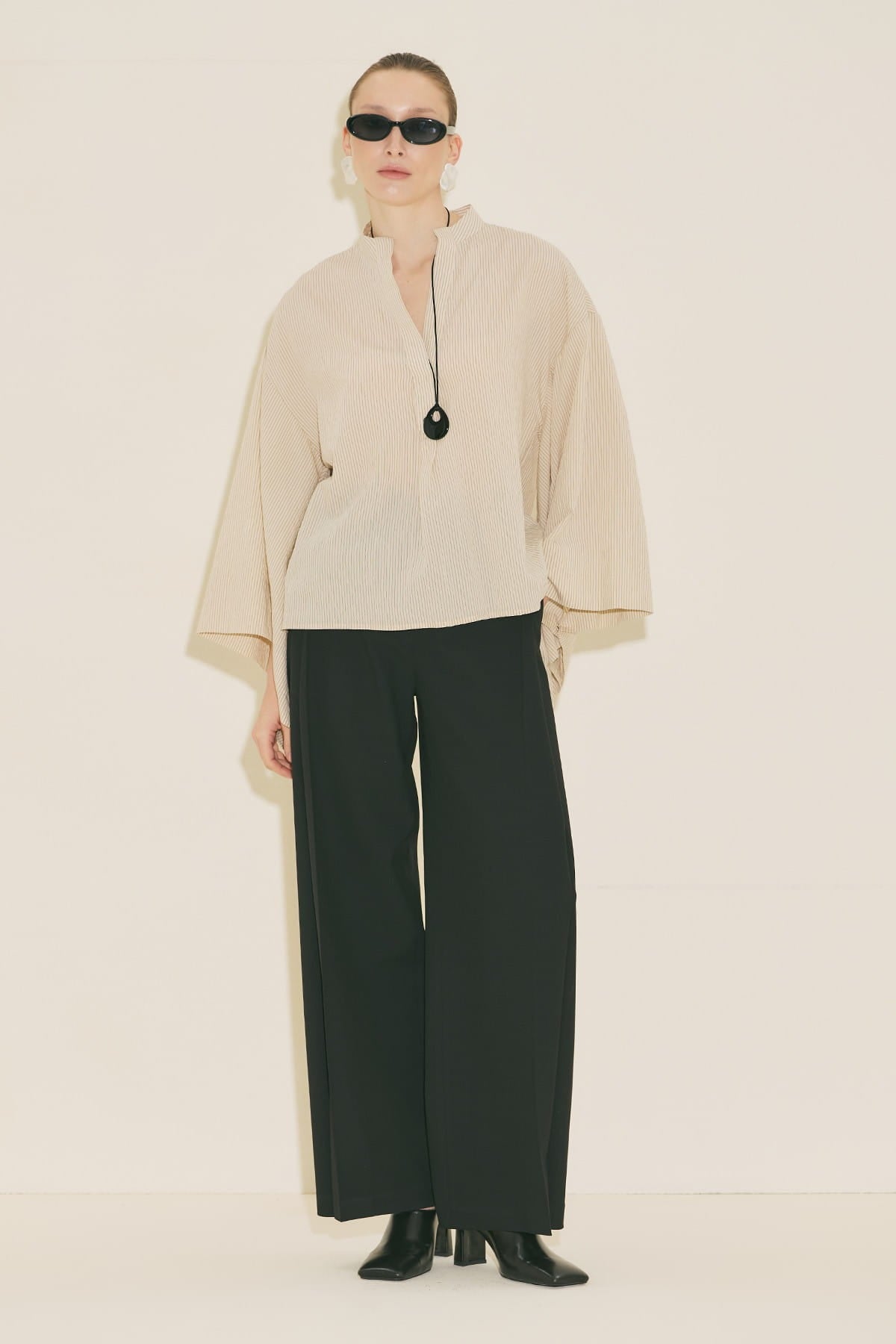 Ecru striped kimono sleeve blouse