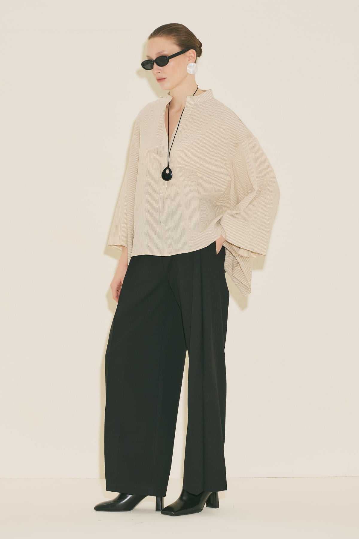Ecru striped kimono sleeve blouse