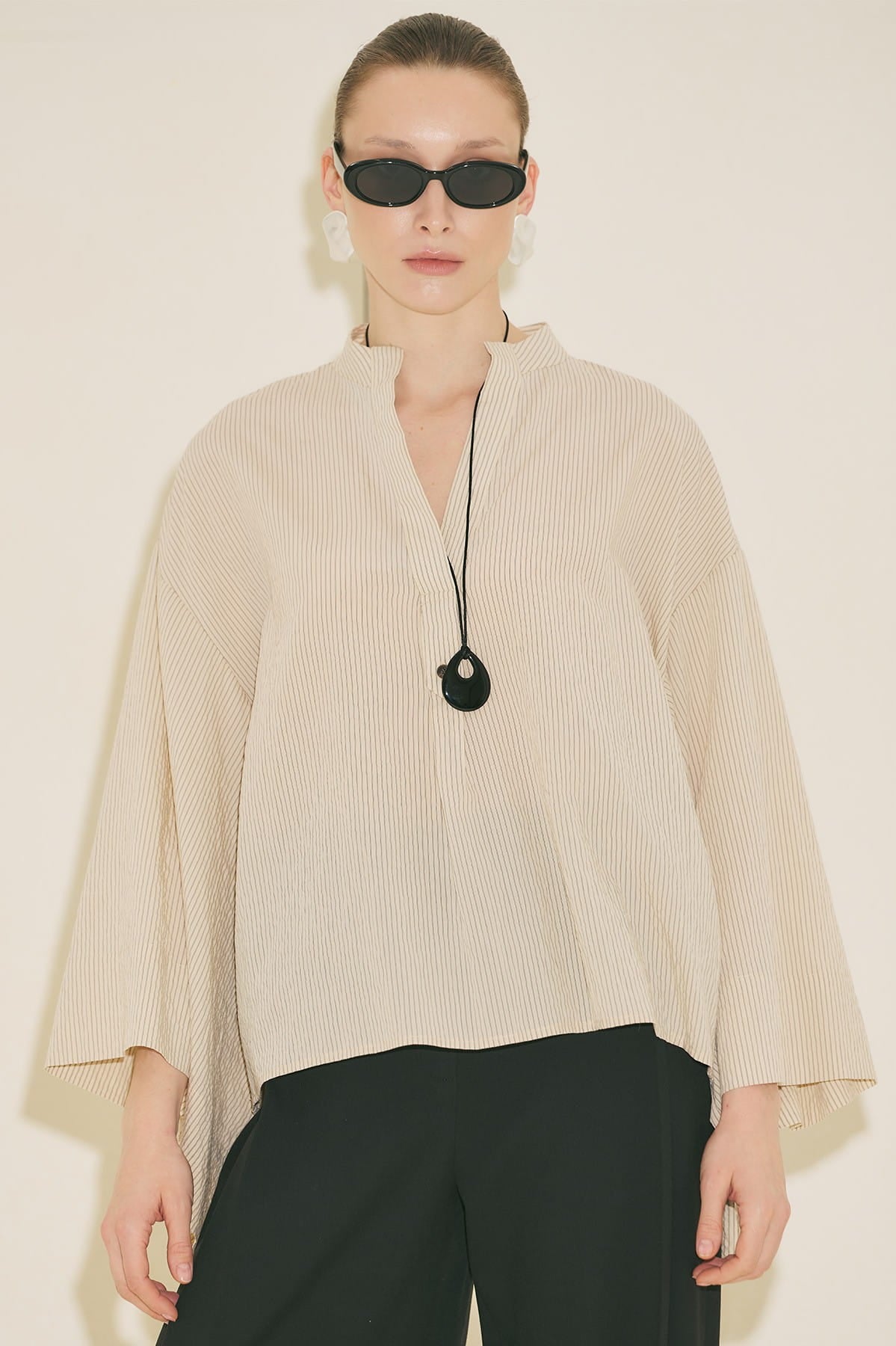 Ecru striped kimono sleeve blouse