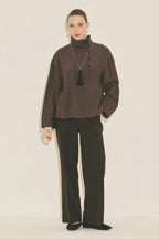 Wide Collar Striped Blouse Brown