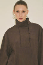 Wide Collar Striped Blouse Brown