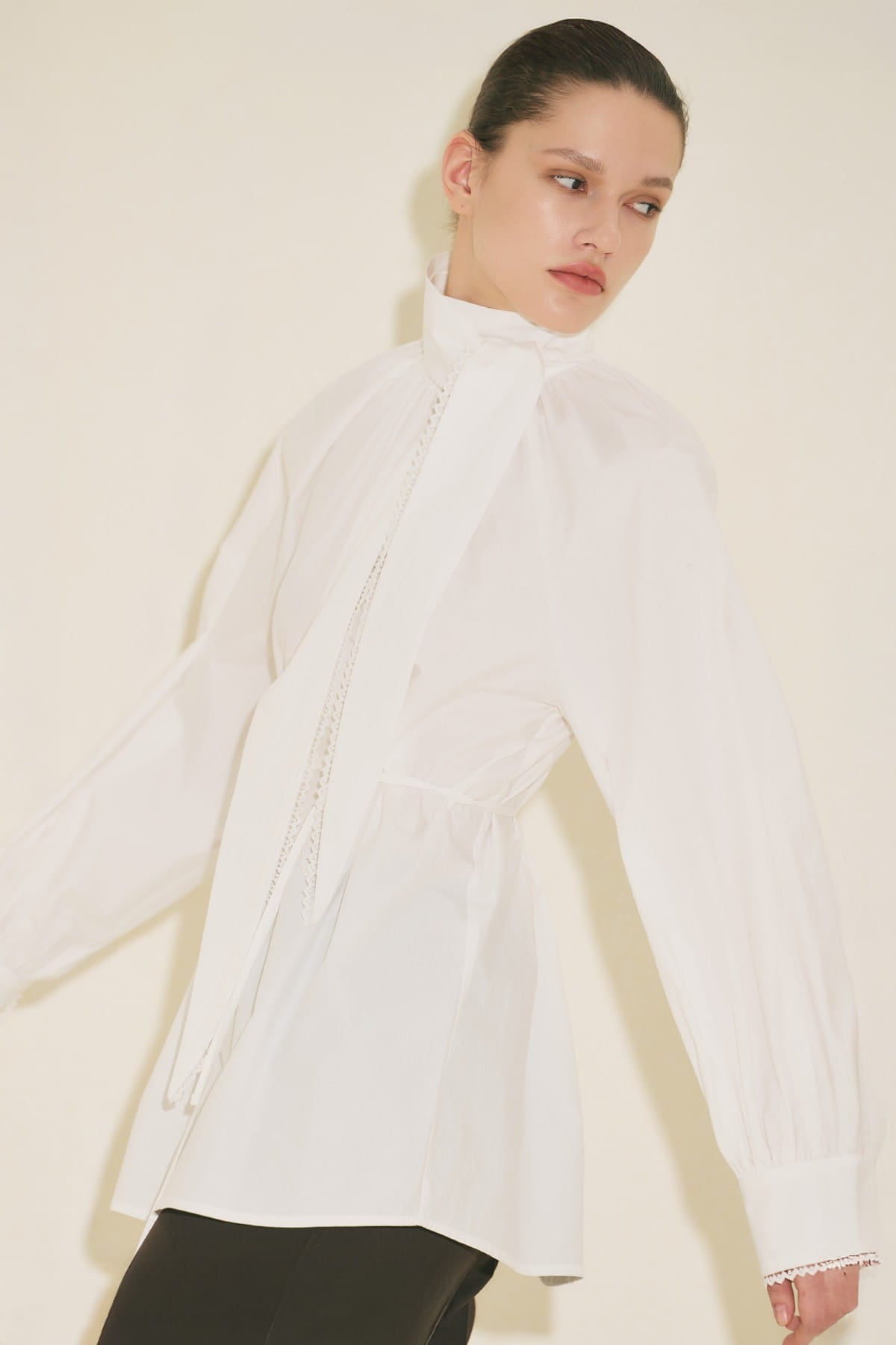 Tie-Neck Blouse Skirt Suit Ecru