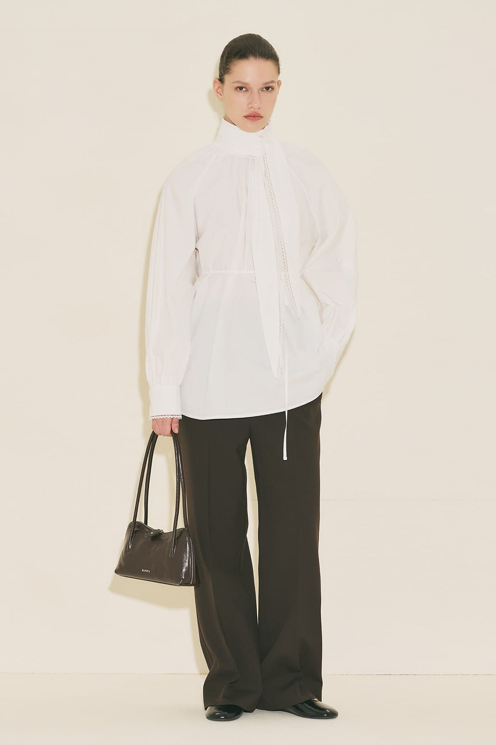 Tie-Neck Blouse Skirt Suit Ecru