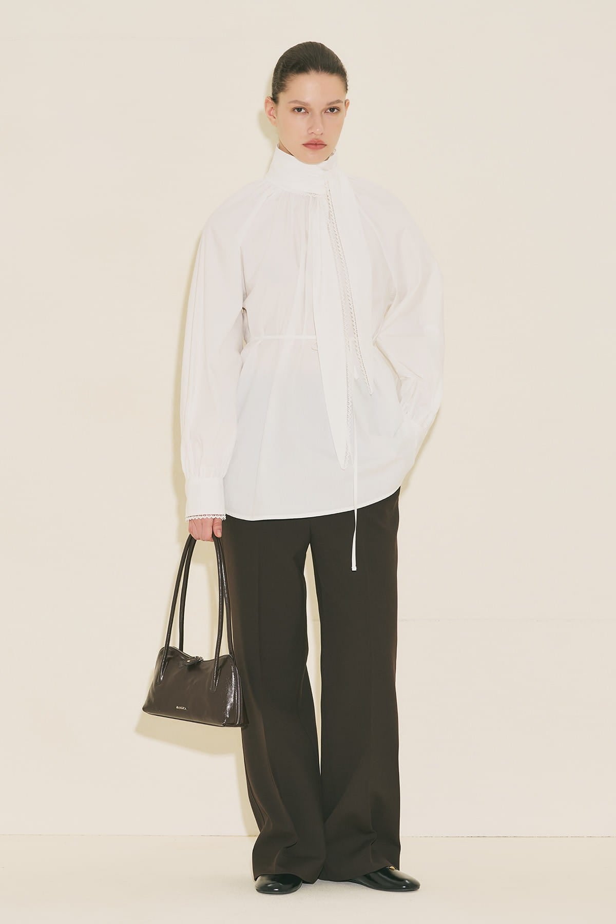 Tie-Neck Blouse Skirt Suit Ecru