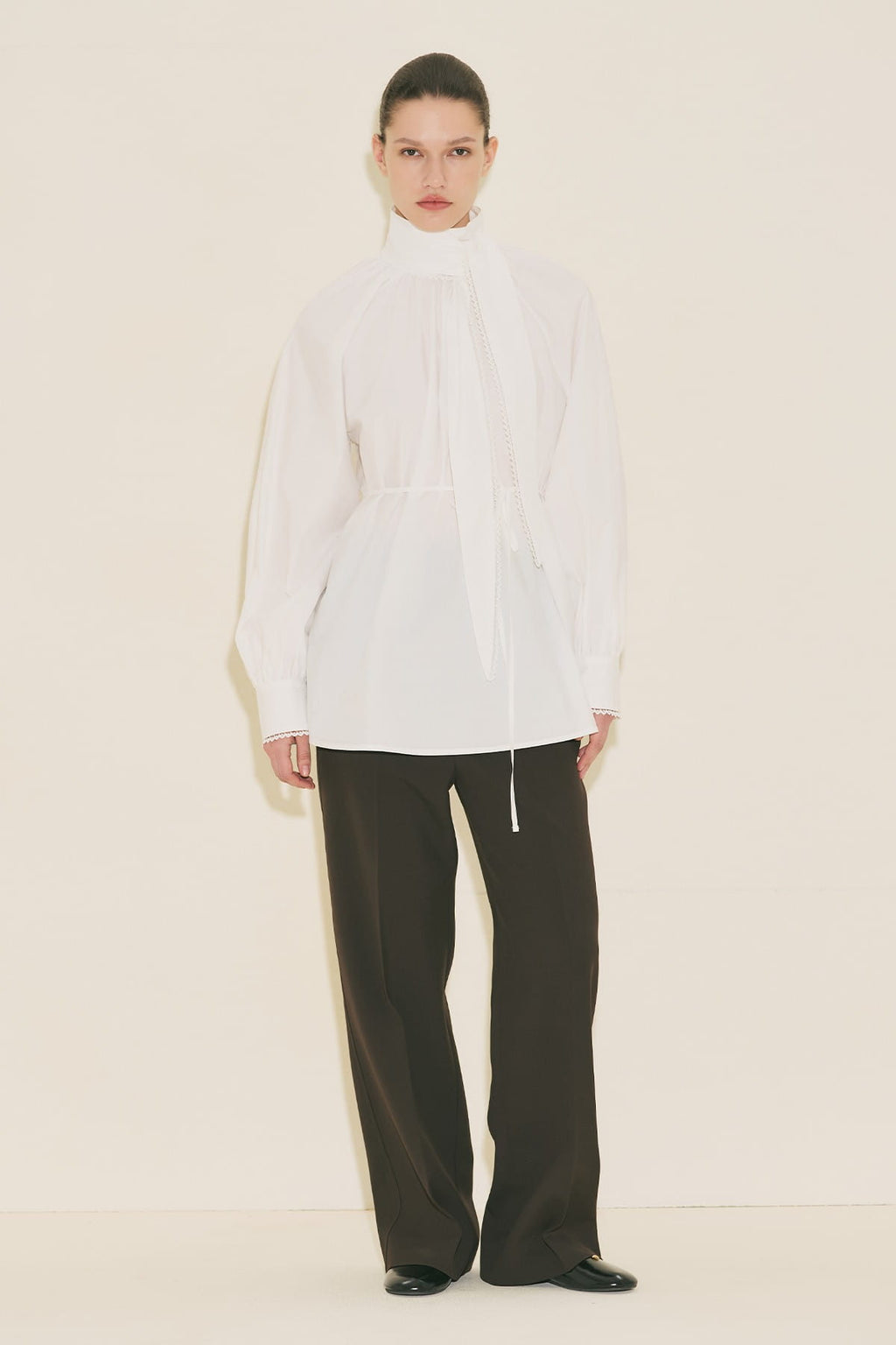 Tie-Neck Blouse Skirt Suit Ecru
