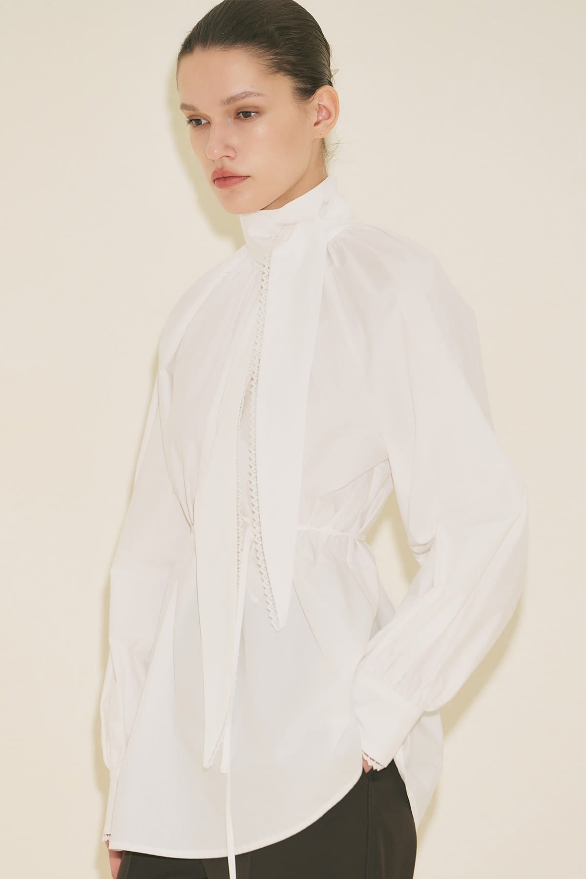 Tie-Neck Blouse Skirt Suit Ecru