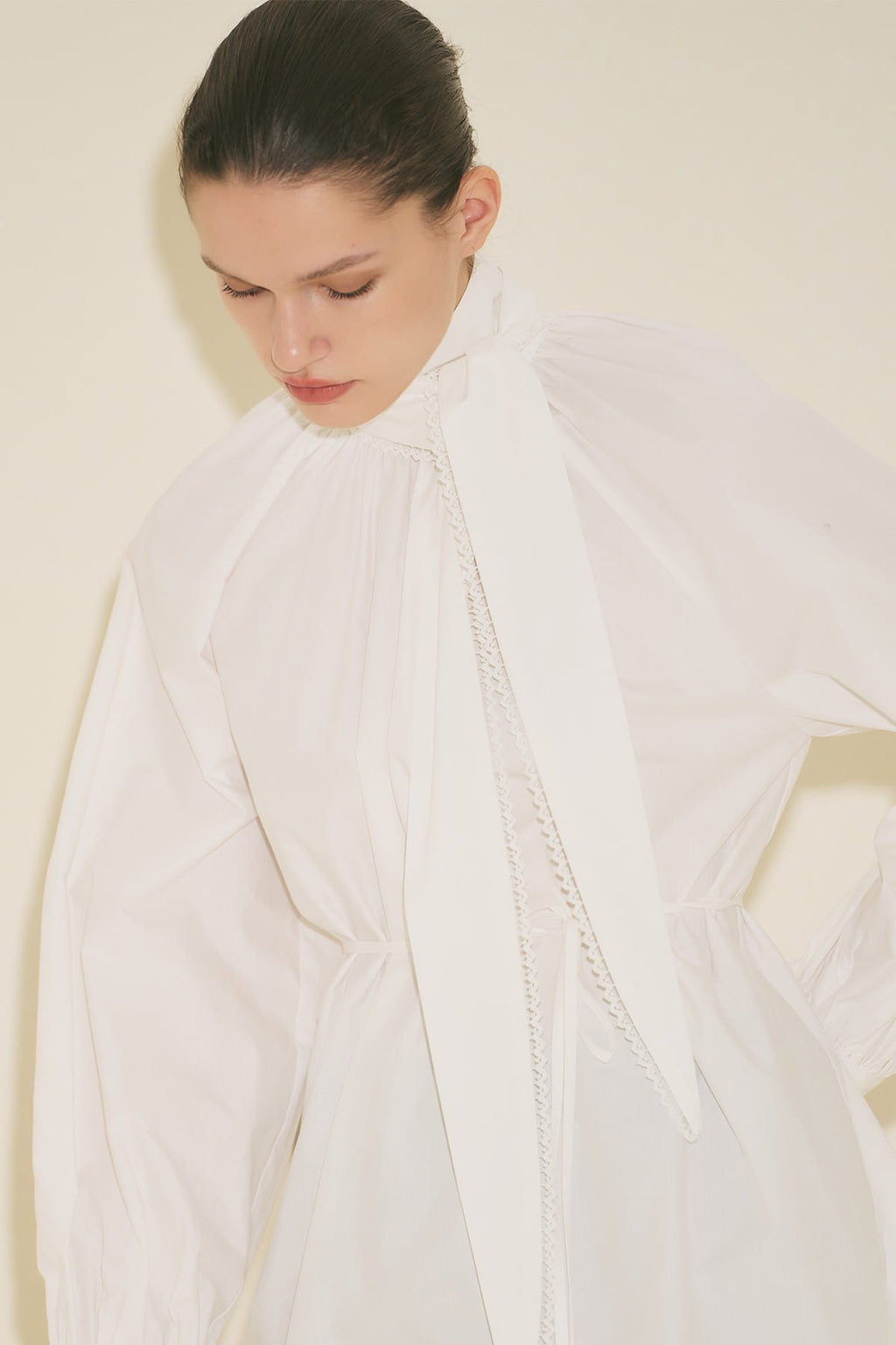Tie-Neck Blouse Skirt Suit Ecru