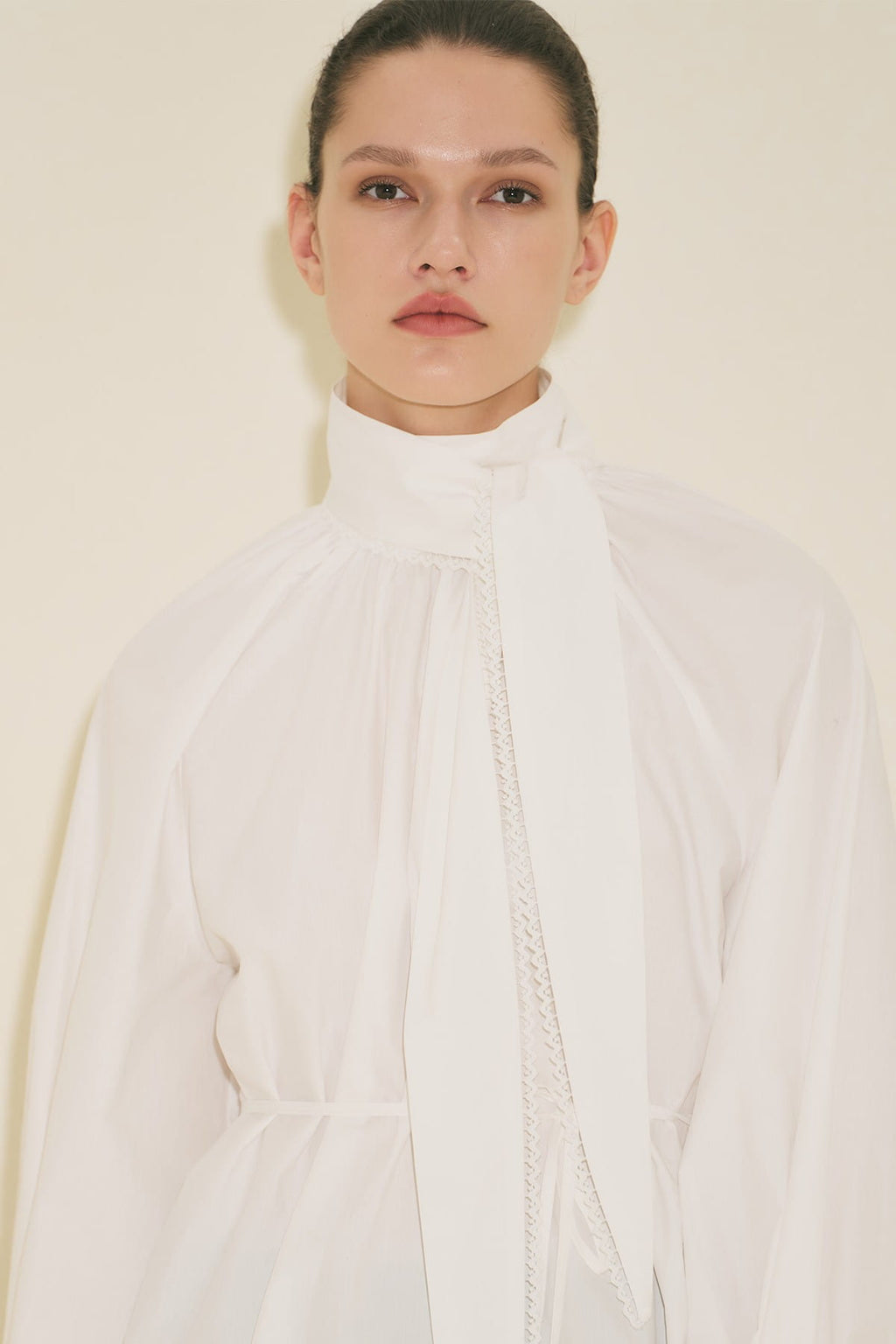 Tie-Neck Blouse Skirt Suit Ecru