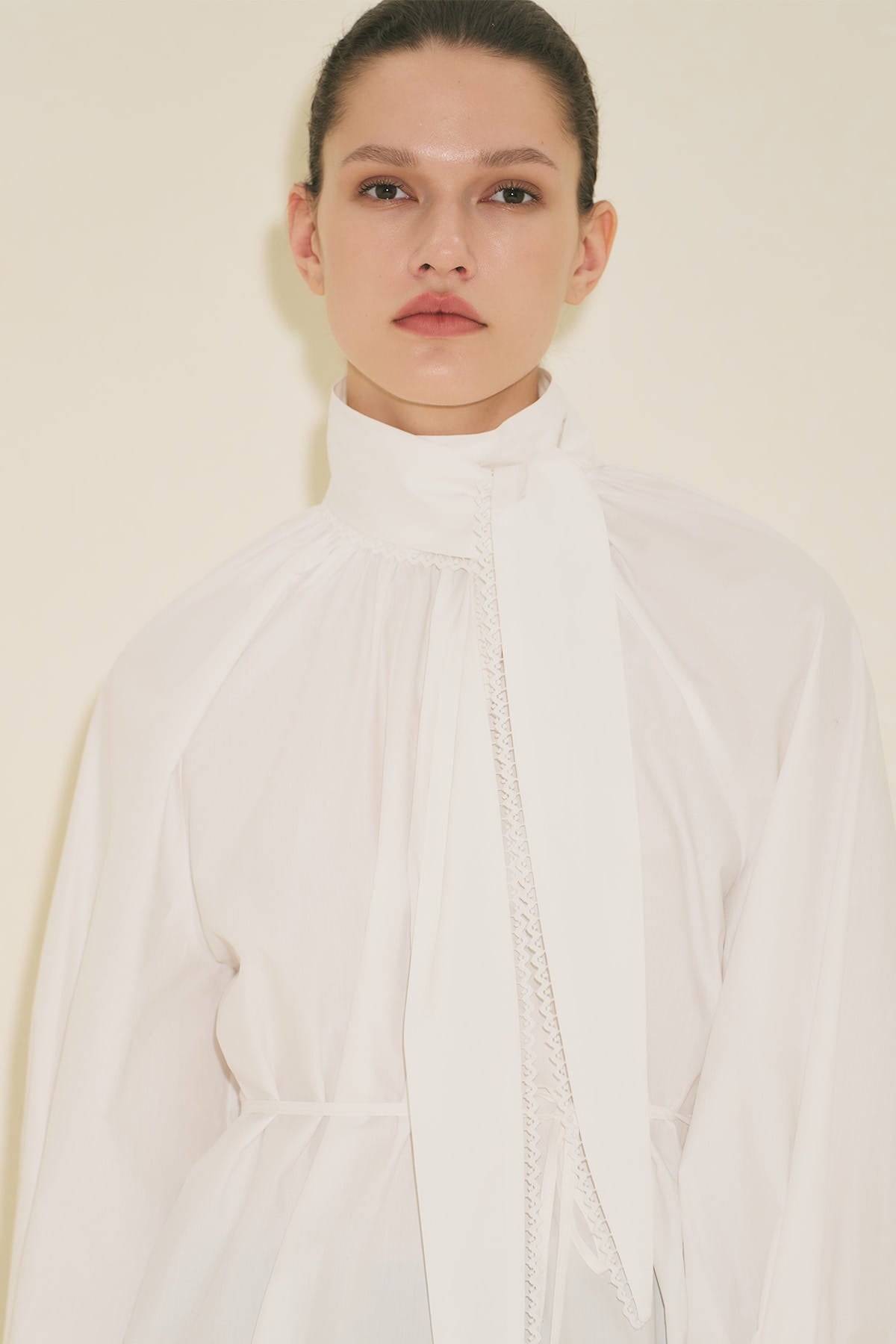 Tie-Neck Blouse Skirt Suit Ecru