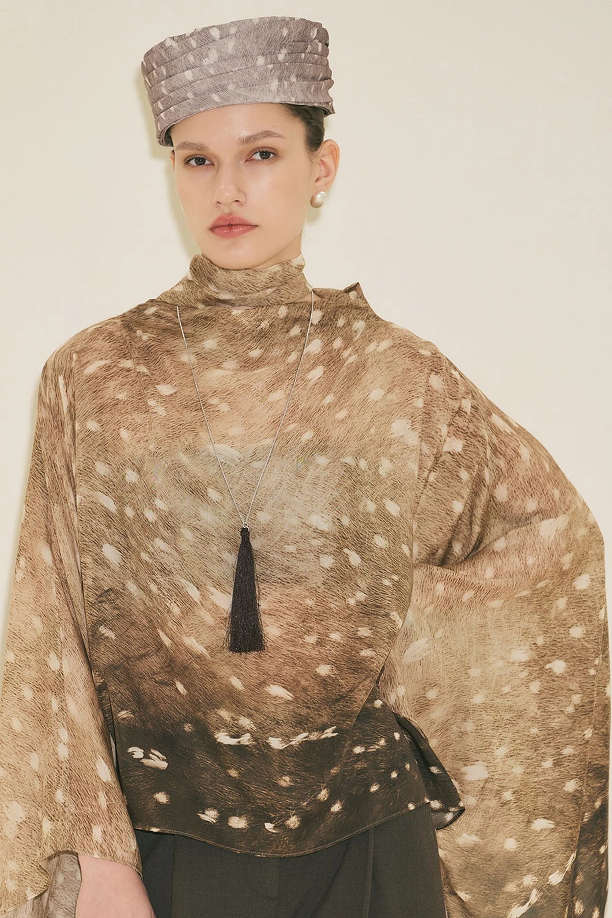 Scarf-Detail Patterned Blouse Fawn