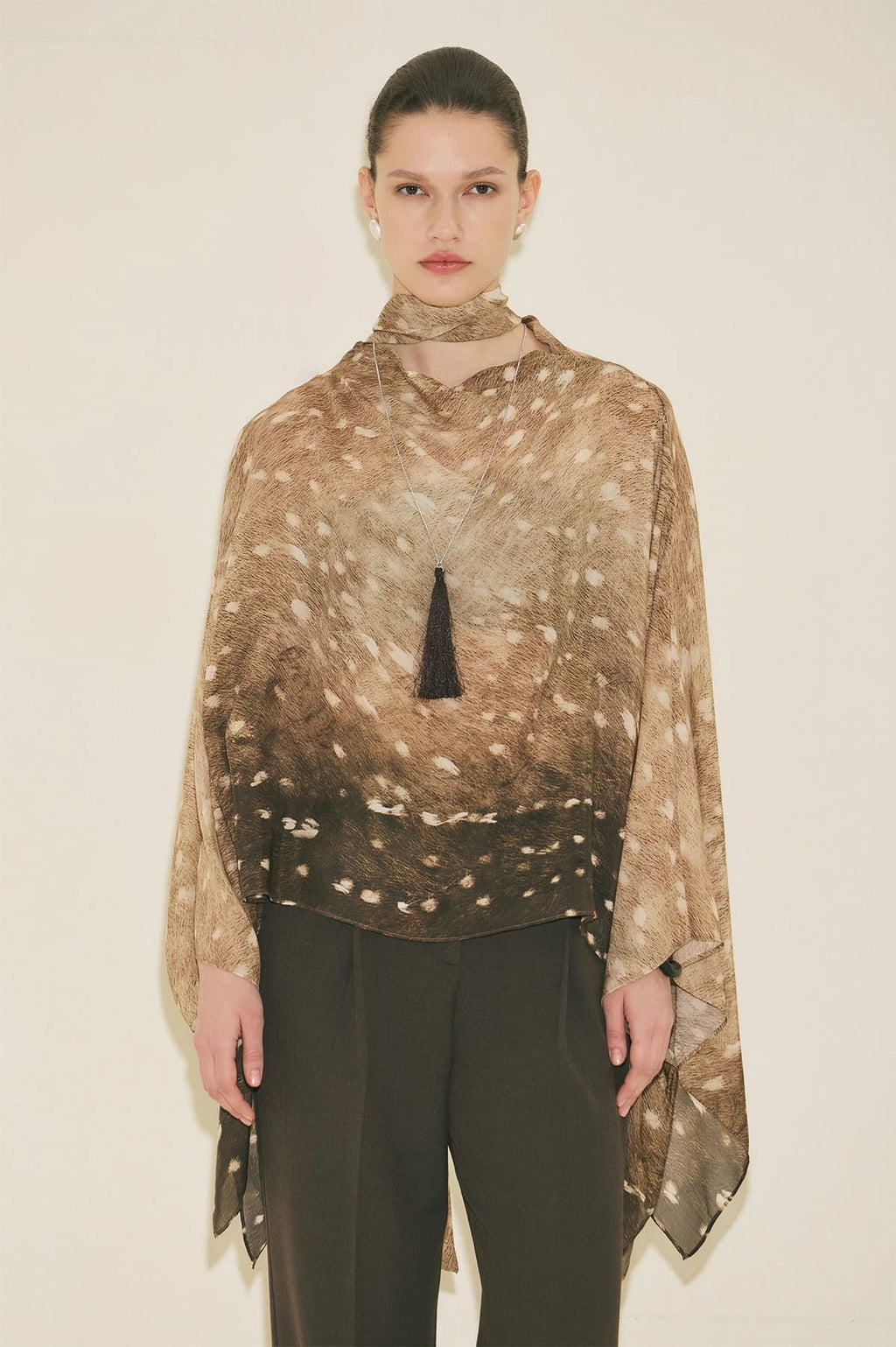 Scarf-Detail Patterned Blouse Fawn