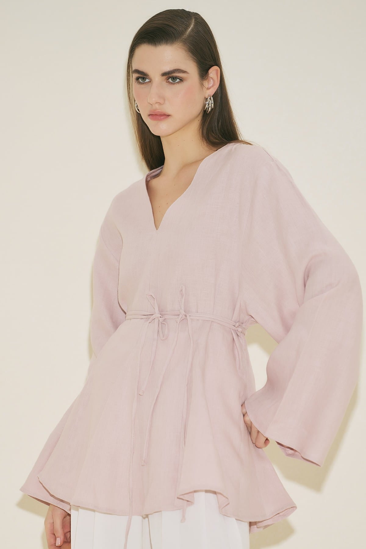 Linen voluminous tunic pink